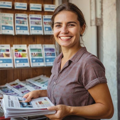 Mujer sonriente con folletos en la mano.
